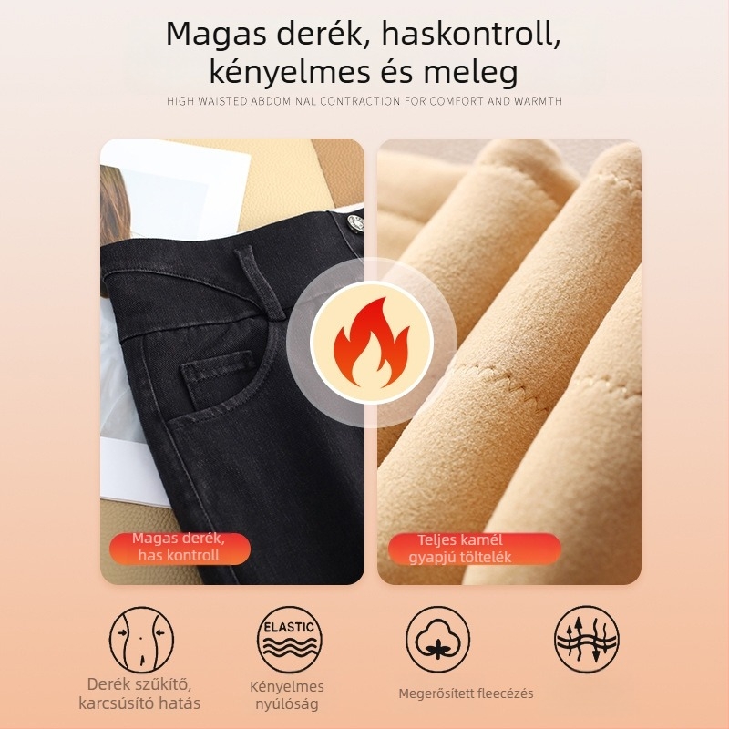 Női skinny farmer - Magas derekú, fleece-béléssel, vastag denim keverék camel szálakkal, 2025 téli szezon