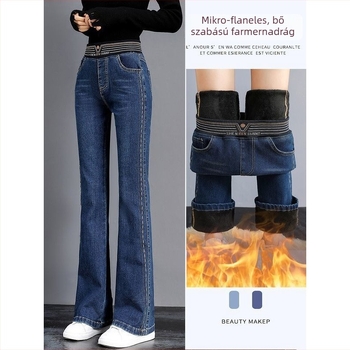 Női micro-flare farmernadrág fleece béléssel, téli 2025 kollekció, vastag denim, elasztikus derék, 95% pamut
