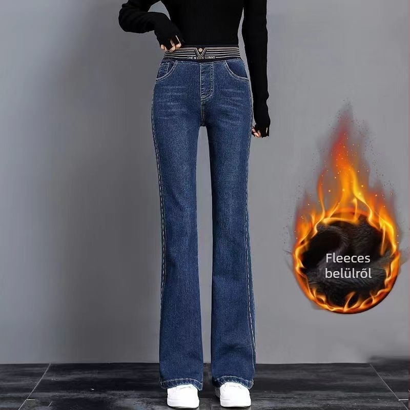 Női micro-flare farmernadrág fleece béléssel, téli 2025 kollekció, vastag denim, elasztikus derék, 95% pamut