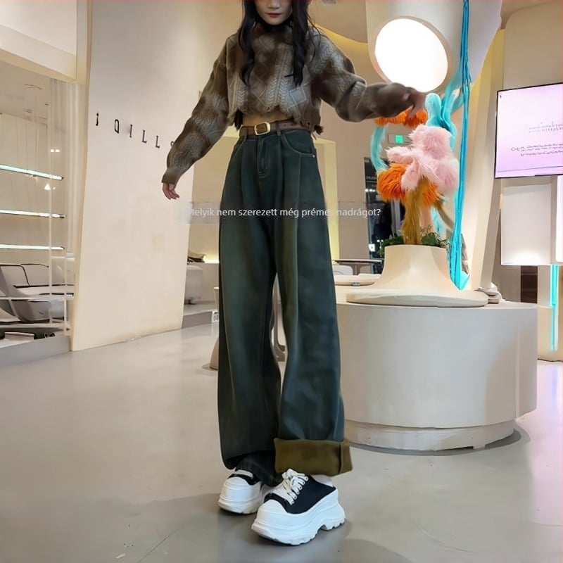 Női farmerok fleece-béléses, vastag denim, magas derekú, széles szabású, tél 2025