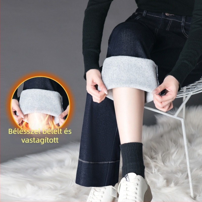 Farmernadrág, széles lábú, fleece-béléses, magas derekú, ősz-tél, 80-90% pamut, poliészter <30%