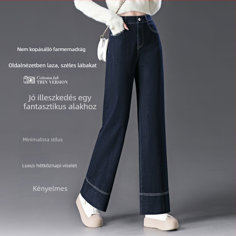 Farmernadrág, széles lábú, fleece-béléses, magas derekú, ősz-tél, 80-90% pamut, poliészter <30%