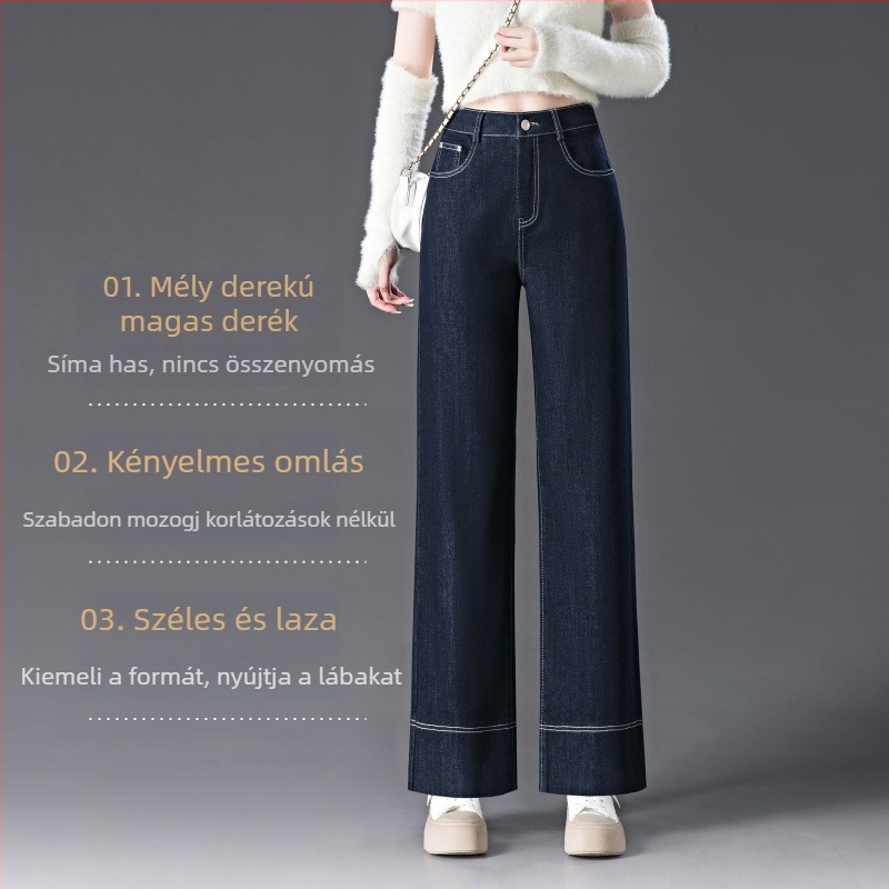 Farmernadrág, széles lábú, fleece-béléses, magas derekú, ősz-tél, 80-90% pamut, poliészter <30%