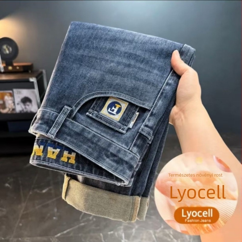 Férfi farmer hímzéssel – Slim-Fit, retro egyenes szabás, cipzár, mikroelasztikus poliészter