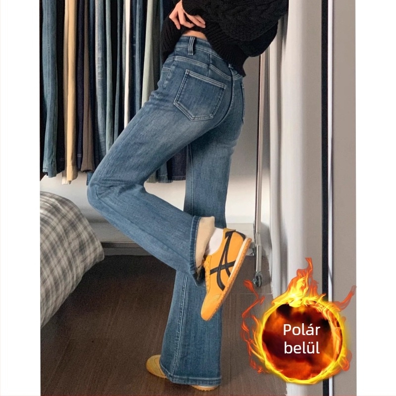 Magas derekú farmernadrág, trapéz szabású, denim pamut-polyészter keverék, vastag anyag, velúr bélés