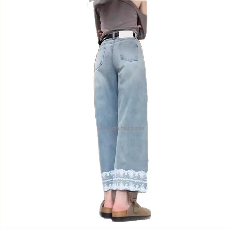 Amerikai stílusú farmernadrág csipkés részlettel nőknek, nyár, plusz méret, magas derék, laza egyenes szabás, 9/10 hossz
