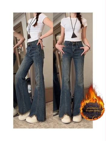 Magas derekú harangszárú denim farmernadrág, szegett szélű, patchwork, enyhén rugalmas