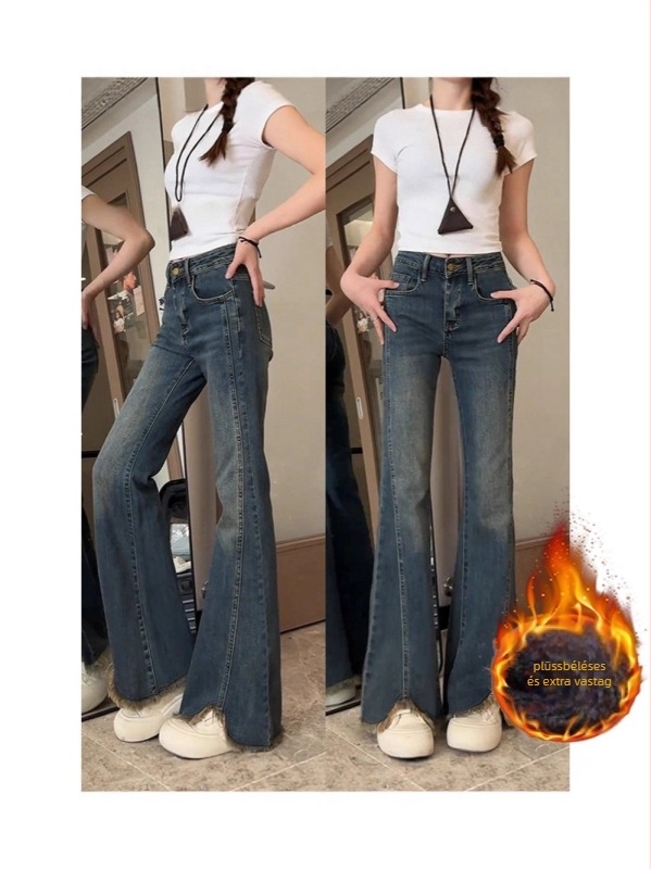 Magas derekú harangszárú denim farmernadrág, szegett szélű, patchwork, enyhén rugalmas