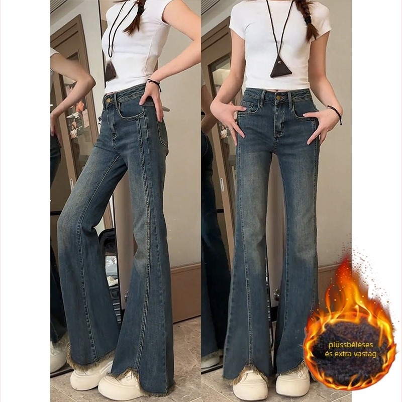 Magas derekú harangszárú denim farmernadrág, szegett szélű, patchwork, enyhén rugalmas