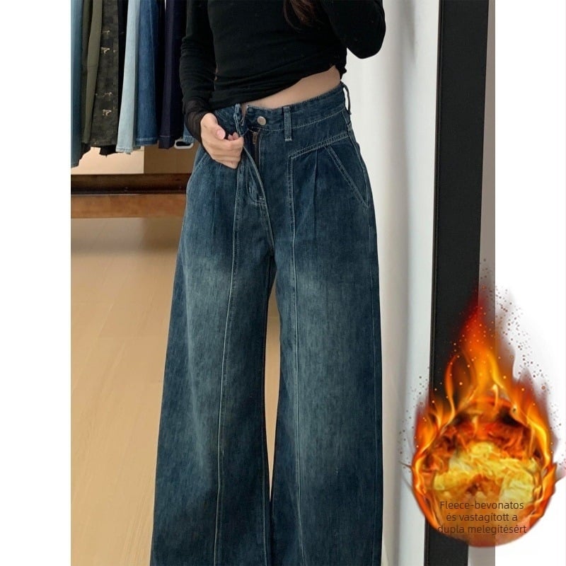 Denim nadrág fleece béléssel, vastagított kivitel, magas derekú és széles szárú