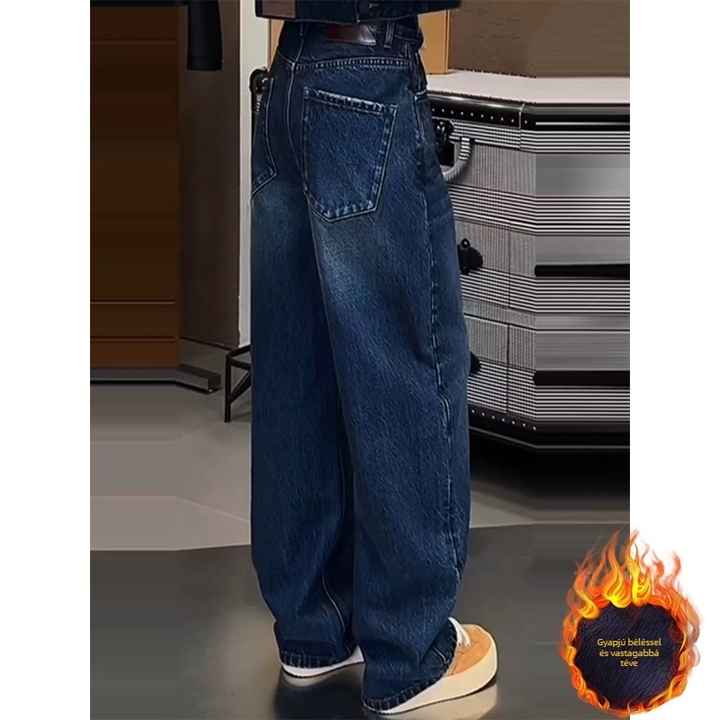 Női farmernadrág plusz méretben - magas derék, széles szár, denim-pamut, velúr bélés, tél 2025