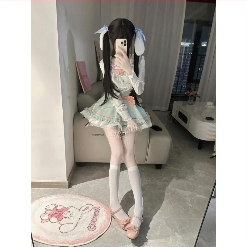 JK egyenruha készlet – Bowknot Doll Shirt, Magas derekú szoknya pántokkal, Puffos hosszú ujjú, Tavasz 2025