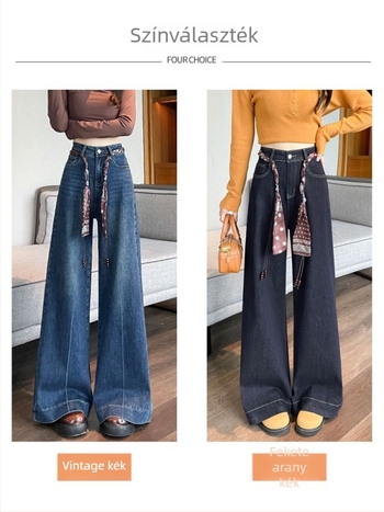 Női denim patchwork farmernadrág, laza szabás, széles szárú, magas derék, kissé telt alkatot kiemelő, 2026 tavasz