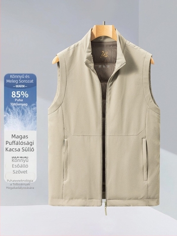 Férfi toll mellény álló gallérral, zipzárral lezárva, vastag szigetelés, 81–85% tolltartalom, oldalsó zsebek