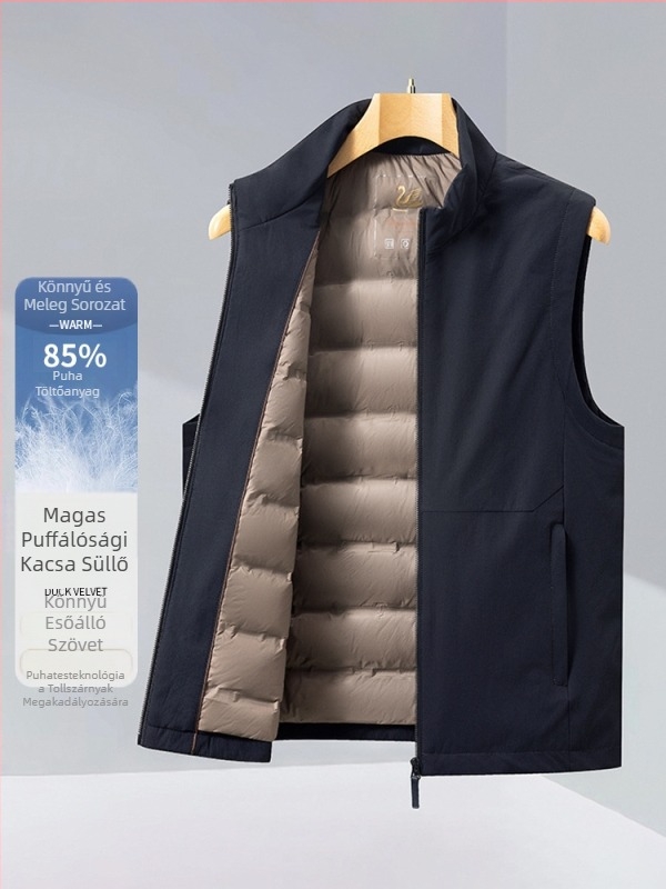 Férfi toll mellény álló gallérral, zipzárral lezárva, vastag szigetelés, 81–85% tolltartalom, oldalsó zsebek