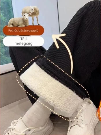 Női fleecével bélelt egyenes szárú nadrág, poliészter-spandex keverék (30–50% spandex), vastag téli casual nadrág, elasztikus derekú