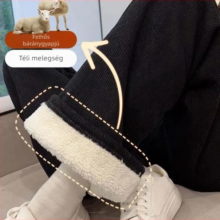 Női fleecével bélelt egyenes szárú nadrág, poliészter-spandex keverék (30–50% spandex), vastag téli casual nadrág, elasztikus derekú