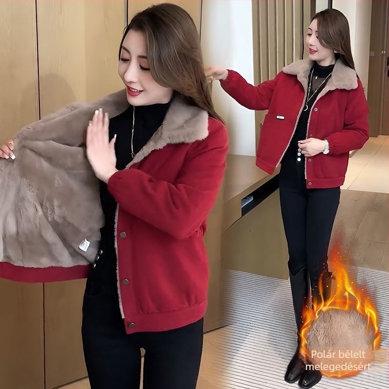 Női corduroy kabát, vastag, normál hossz, hosszú ujjú, négyszögletes gallér (50–65 cm)