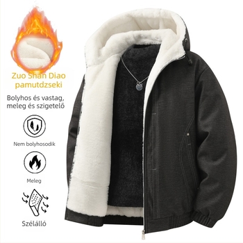 Férfi kapucnis dzseki denim hatású, fleece béléssel, kapucnival, vastag téli fazon, lazán szabott