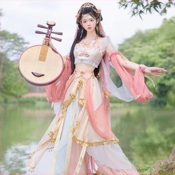 Hanfu ruha Dunhuang Flying Apsara motívummal és egzotikus Dai etnikus tánc stílussal; poliészter szövet; 90-95% poliészter tartalom; vasmentes kezelés