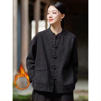 Pamut- és lenvászonból készült télikabát fleece-béléses, retro kínai stílusban, 50–70% pamut, kevesebb mint 30% len