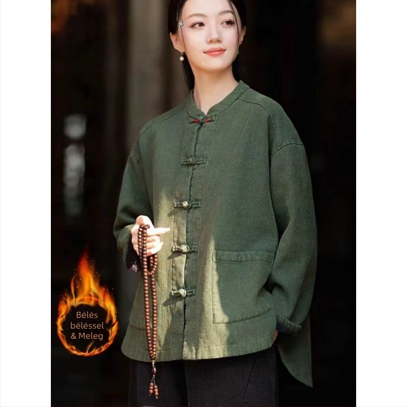 Pamut- és lenvászonból készült télikabát fleece-béléses, retro kínai stílusban, 50–70% pamut, kevesebb mint 30% len