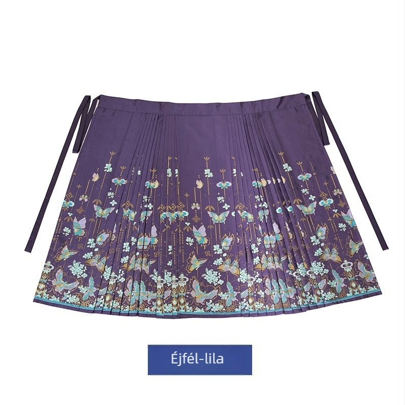 Hanfu hosszú horse-face szoknya fényes-selyem anyagból, arany hímzéssel és nyomtatott selyem részletekkel, őszi-téli mindennapi viselethez; poliészter 50–70%.