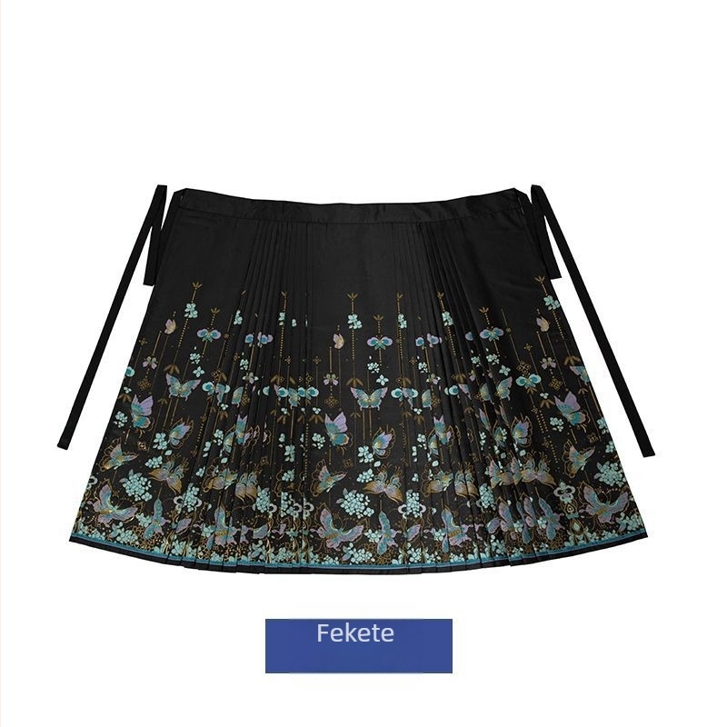 Hanfu hosszú horse-face szoknya fényes-selyem anyagból, arany hímzéssel és nyomtatott selyem részletekkel, őszi-téli mindennapi viselethez; poliészter 50–70%.