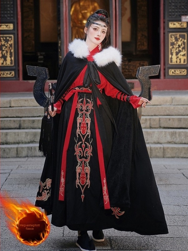 Hanfu-ihletésű hímzett virágos cape, kétoldalas, fleece-béléses, levehető prém gallér, pamut-poliészter keverék