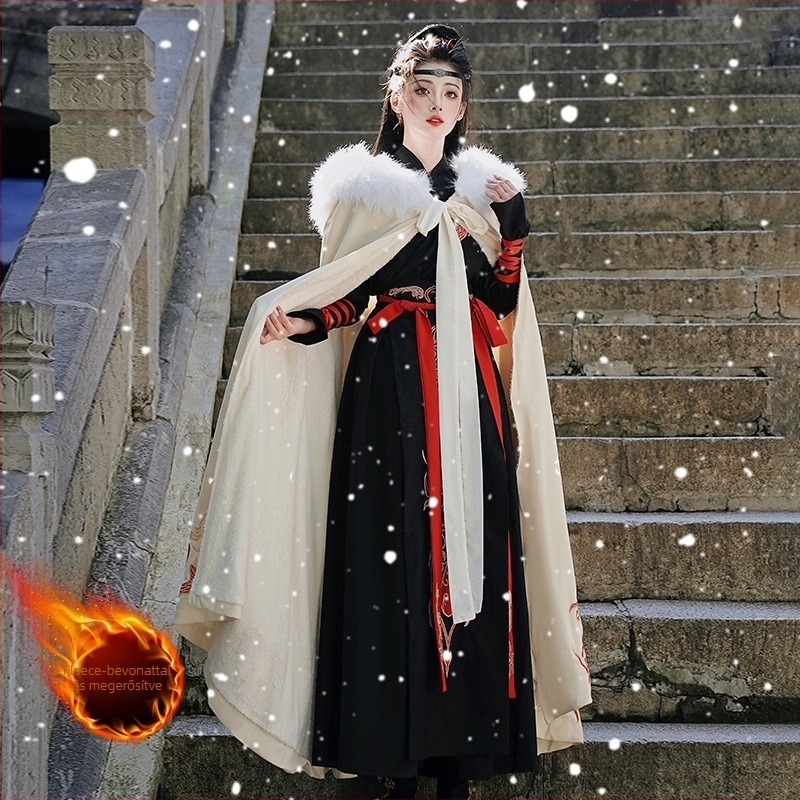 Hanfu-ihletésű hímzett virágos cape, kétoldalas, fleece-béléses, levehető prém gallér, pamut-poliészter keverék