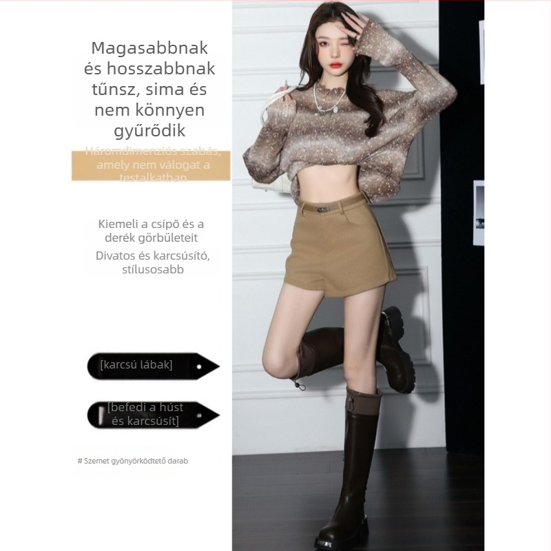 Khaki színű, magas derekú, karcsúsító rövidnadrág nőknek, plusz méret, tavasz-ősz, A-vonalú, széles szárú