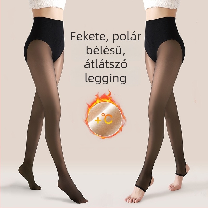 Fekete fleece-bélelt leggings, bőrhatású külső, magas derekú hasformázó, őszi-téli szezonra, természetes bőrtónus érzés