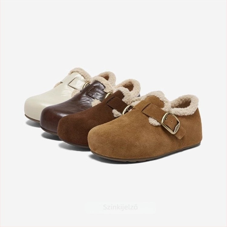 Birkenstock-stílusú cipő, valódi bőrből, gyapjú bélés, vastag gumitalp, kerek orrú, koreai verzió, alacsony felsőrész