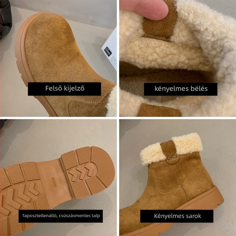 Női téli csizmák PU felsőrész, EVA talp, belső plüss bélés, középmagas szár, kerek orr, vastag sarok 3–5 cm