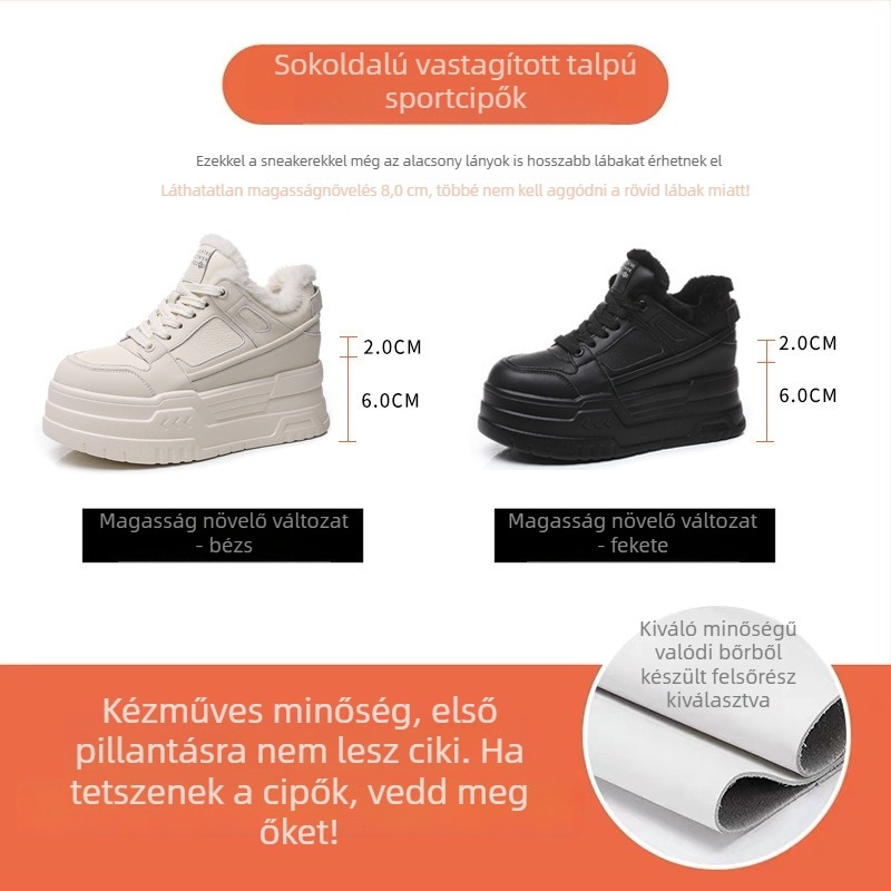 Női magas szárú tornacipő vastag talppal és fleece béléssel, mikroszálas felsőrész, EVA talp, rejtett magasságot növelő sarok