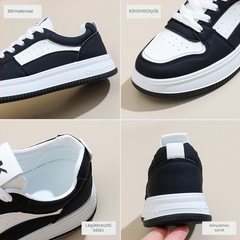 Női PU bőr cipő, lélegző hálós bélés, mindennapi casual tornacipő előre fűzővel, gumírozott talp, modell K07