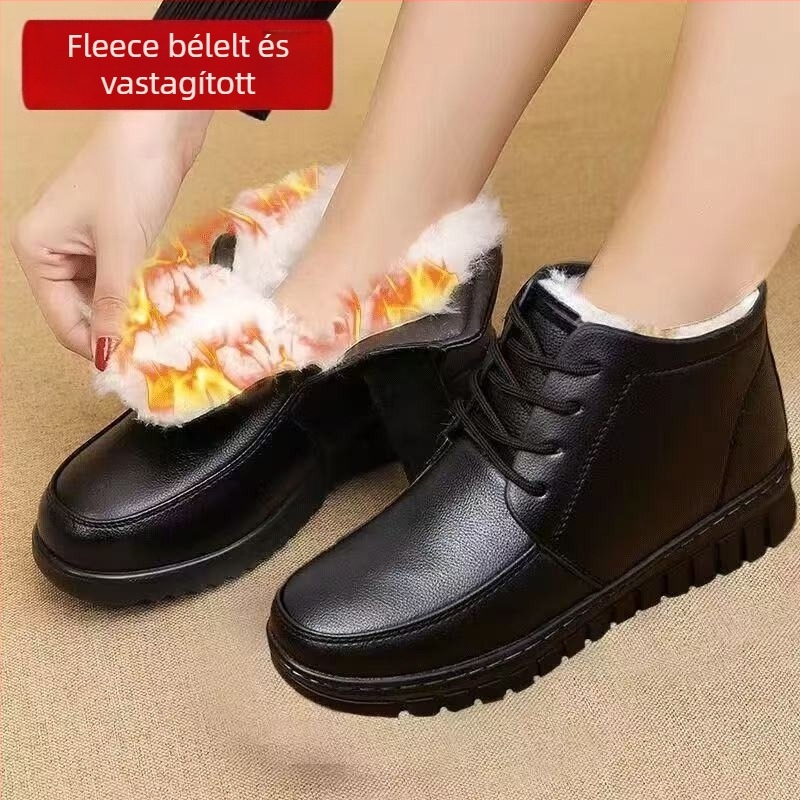Női téli rövid csizma szintetikus bőrből, gyapjú bélés, gumi talp, Velcro zárás, alacsony sarok 1-3 cm