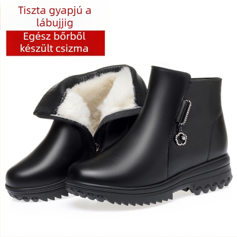 Női valódi bőrből készült bokacsizma gyapjú bélésével, oldalsó cipzárral, gumírozott talppal
