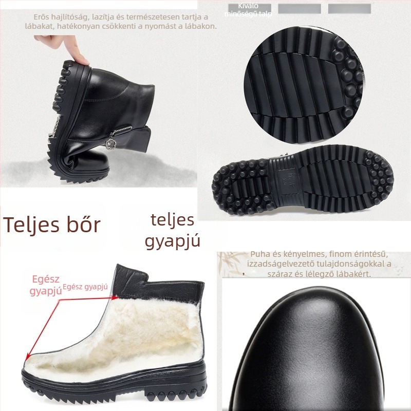 Női valódi bőrből készült bokacsizma gyapjú bélésével, oldalsó cipzárral, gumírozott talppal