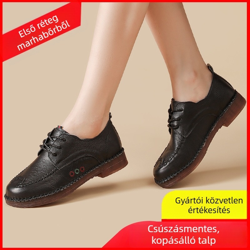Női cipő első réteg marhabőrből, puha talp, kerek orr, fűzős, középmagas sarok 3-5 cm