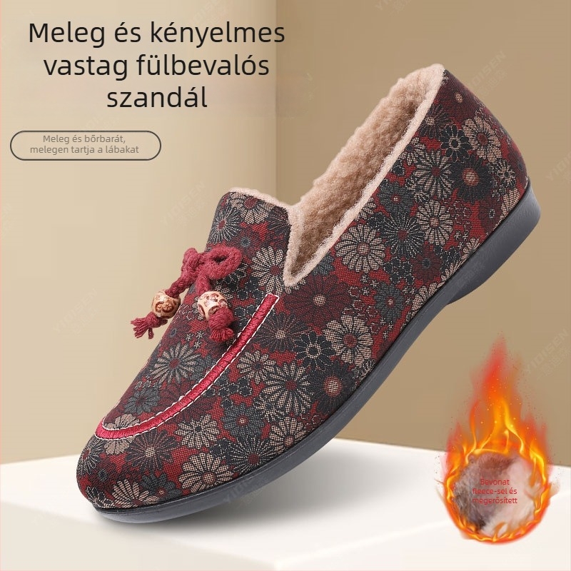 Téli női kézimunkált cipő, belső plüss, PVC csúszásmentes talp, slip-on, textil felsőrész, virágmintás