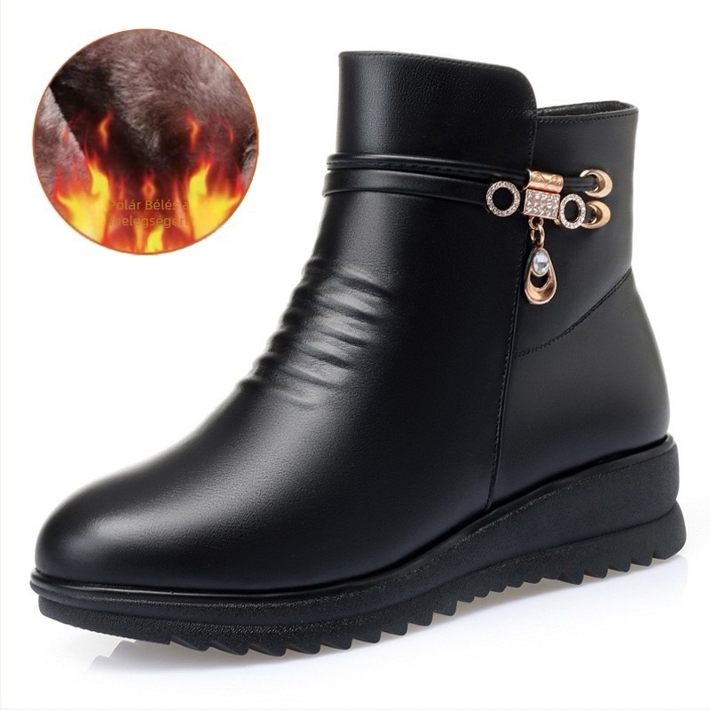 Női téli bokacsizmák fleece-bélésével, középmagas sarok 3-5 cm, cipzáras záródás, mikroszálas felsőrész, meleg belső