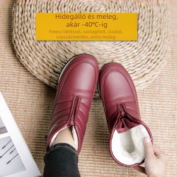 Uniszex téli csizma PU felsőrésszel, gyapjú bélés, középmagas bokánál (7–11 cm), cipzárral zárható, alacsony sarok 1–3 cm