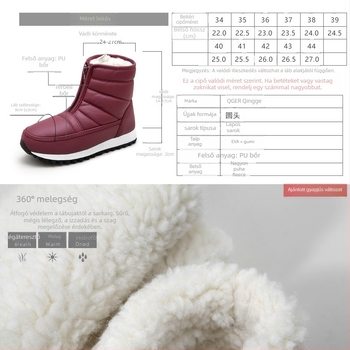 Uniszex téli csizma PU felsőrésszel, gyapjú bélés, középmagas bokánál (7–11 cm), cipzárral zárható, alacsony sarok 1–3 cm