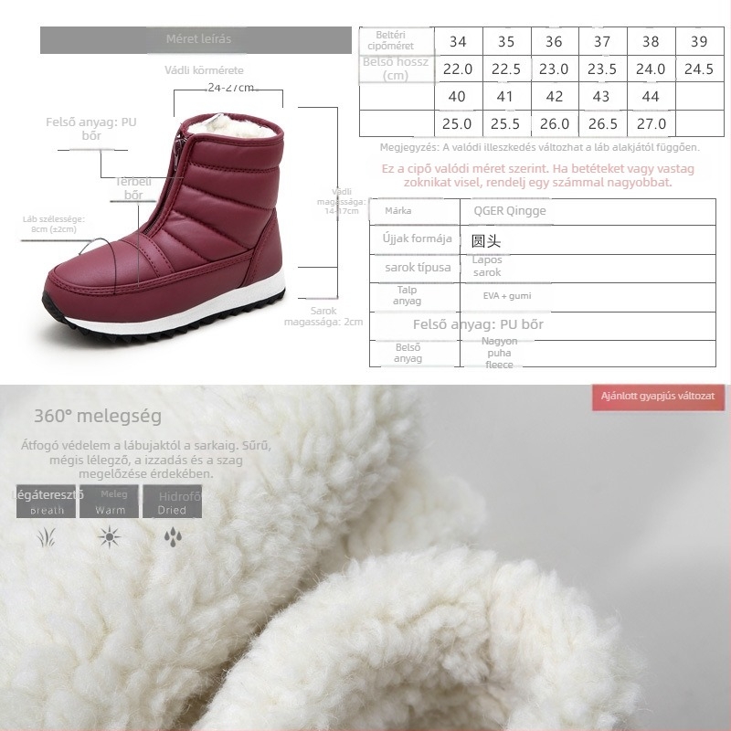 Uniszex téli csizma PU felsőrésszel, gyapjú bélés, középmagas bokánál (7–11 cm), cipzárral zárható, alacsony sarok 1–3 cm