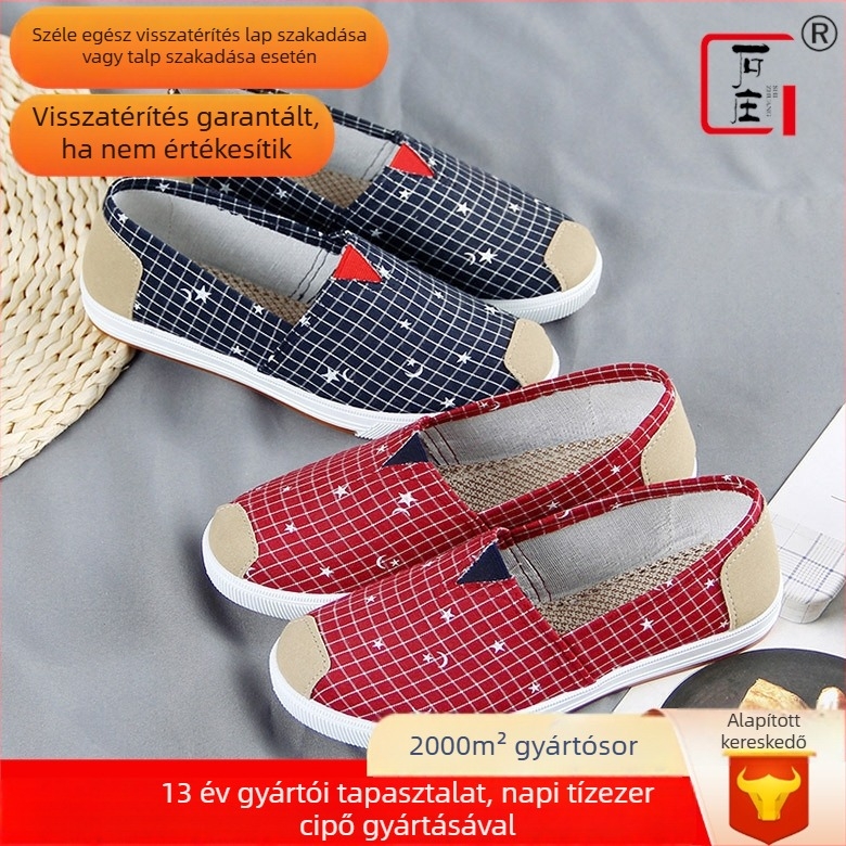 Női vászon cipő Old Beijing stílusban, felső rész vászon, kockás mintázat, légáteresztő, gumitalp, alacsony kivágás