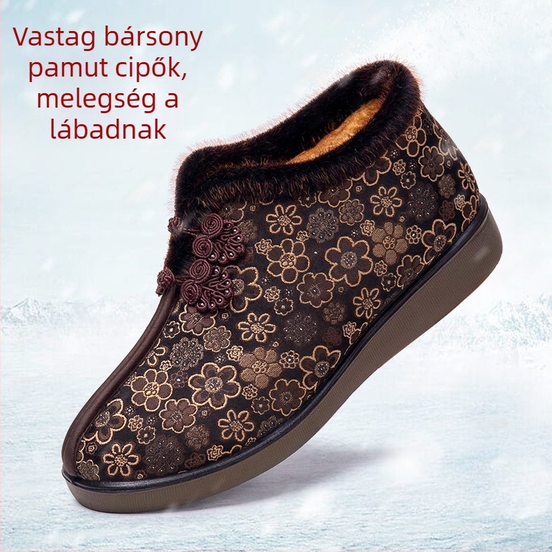 Női pamutcipő télre, plüss belsővel, gumitalppal, alacsony sarkú 1–3 cm