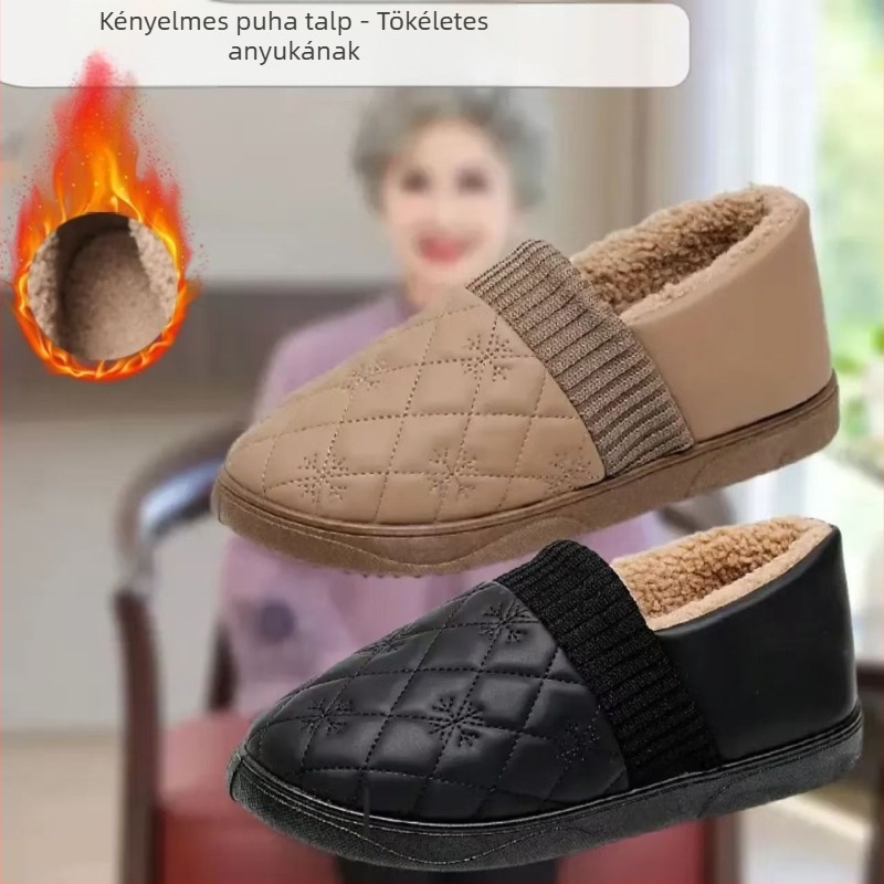 Téli női pamutpapucs mesterséges rövid prémes bélés, PU felső, PVC talp, alacsony sarkú 1–3 cm, melegen tart