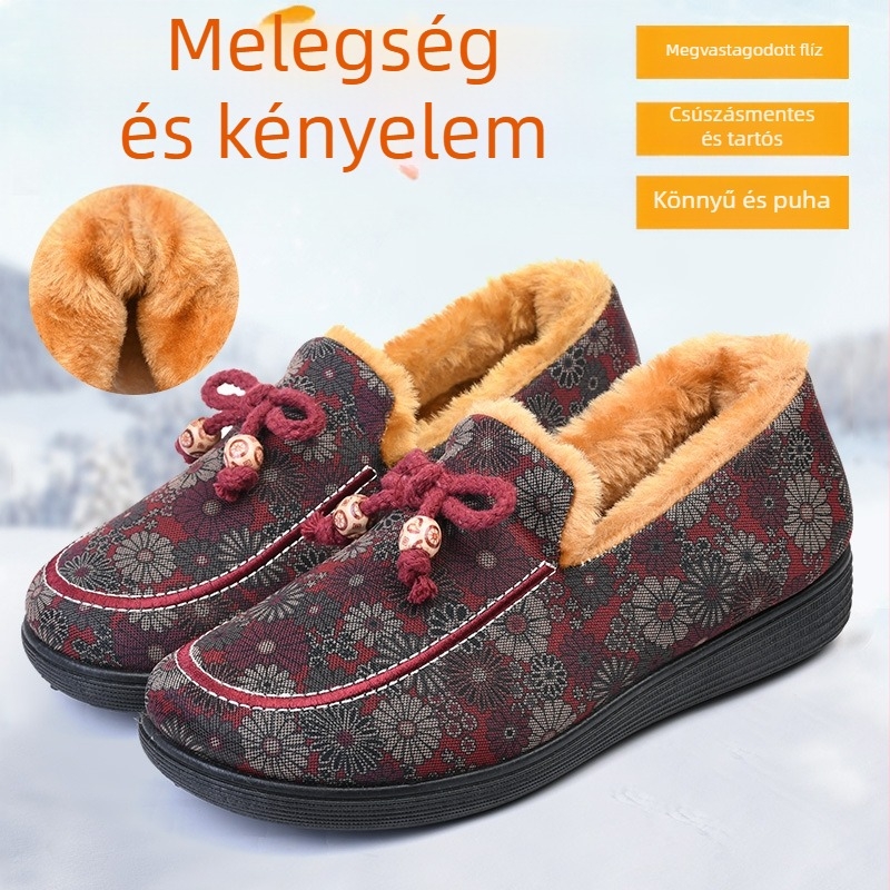 Női téli pamut csizmák fleece-béléssel, alacsony boka, kerek orr, gumírozott talp