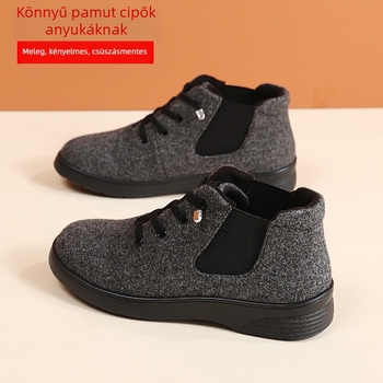 Női téli slip-on csizma flanel felsőrésszel, műszőrrel bélelt bélés, PVC talp, elasztikus pántos zárás, alacsony LAPOS sarok 1–3 cm